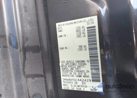 2016 Nissan Maxima 3.5 Sr z USA, uszkodzony, nr VIN 1N4AA6AP3GC442429